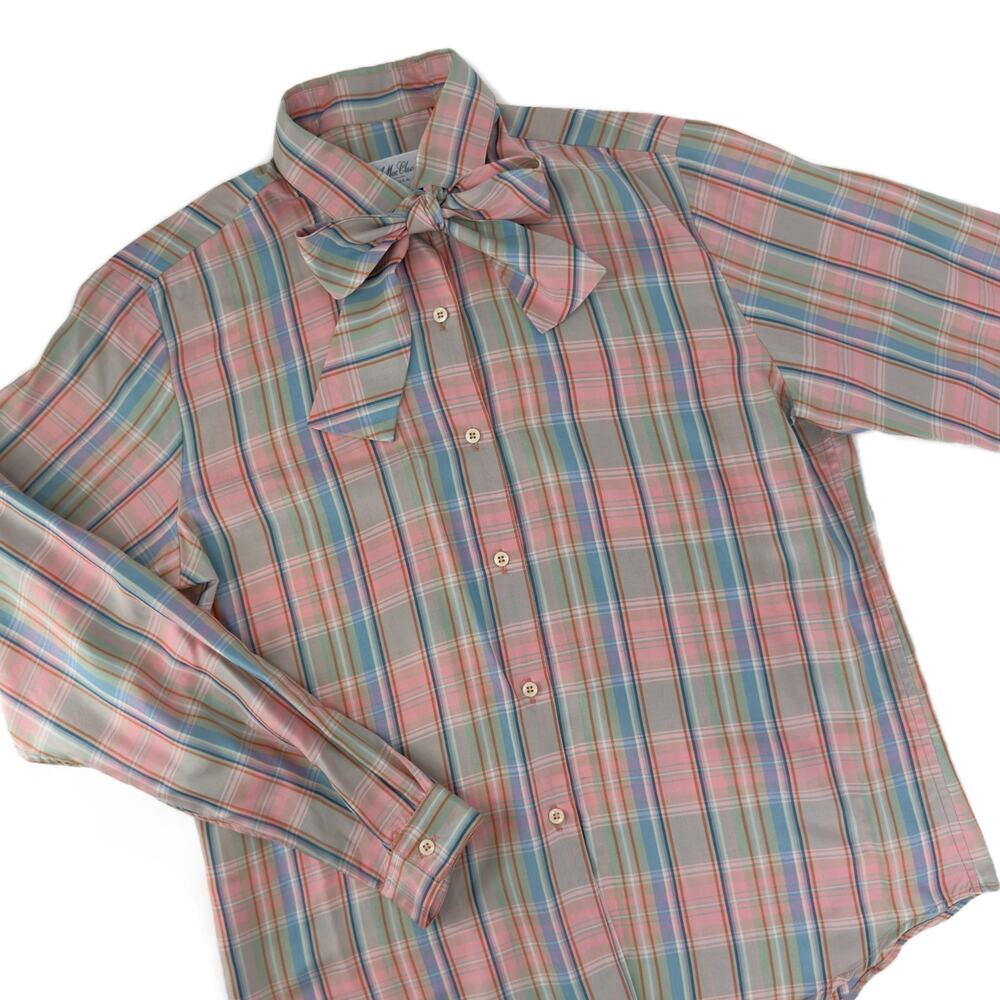 Vintage 80s F.A. MacCluer Bow-Tie Secretary Blouse M/L 12 Pastel Plaid Silk